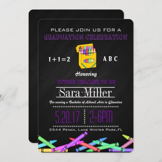 Crayon Teacher Abschluss Einladung (Vorne/Hinten)