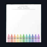 Crayons Personalisierter Grundschullehrer Notizblock<br><div class="desc">Versenden Sie eine personalisierte Notiz mit diesem speziellen Notizblock,  der Aquarellstifte in Regenbogenreihenfolge enthält. Klicken Sie einfach auf "Personalisieren",  um den Namen und jeden anderen Text zu ändern.</div>