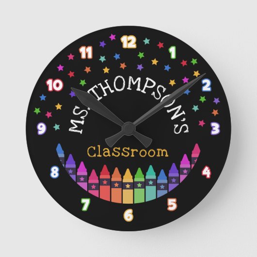 Crayons Stars Colorful Teacher's Name Klasse Runde Wanduhr (Vorderseite)