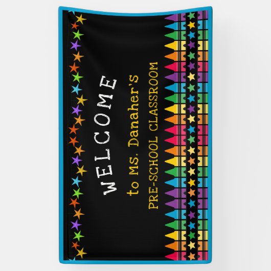 Crayons Stars farbenfrohe Willkommenslehrerin im K Banner (Vertikal)
