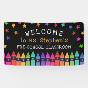 Crayons Stars farbenfrohe Willkommenslehrerin im K Banner