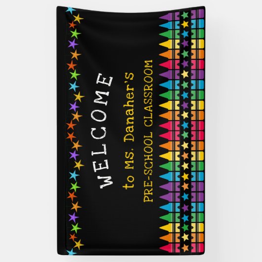 Crayons Stars farbenfrohe Willkommenslehrerin im K Banner (Vertikal)