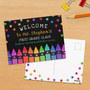 Crayons Stars farbenfrohe Willkommenslehrerin im K Postkarte