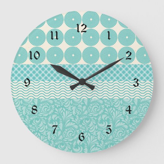 Crazy Aquamarin Blue Patterns Circles Floral Karie Große Wanduhr (Vorderseite)