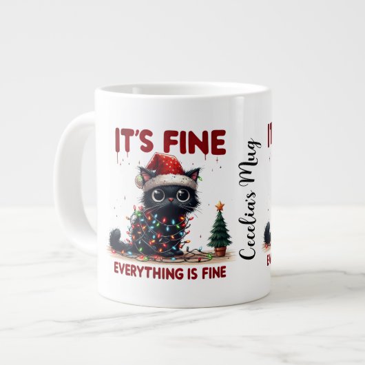 Crazy Black Cat in Christmas Lights Jumbo-Tasse (Vorderseite Links)