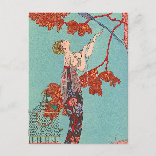 Crazy Blue Parrot von George Barbier Postkarte (Vorderseite)