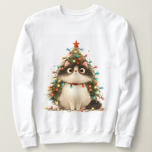 Crazy Cat In Christmas Lights Funny Cat Sweatshirt (Design vorne)