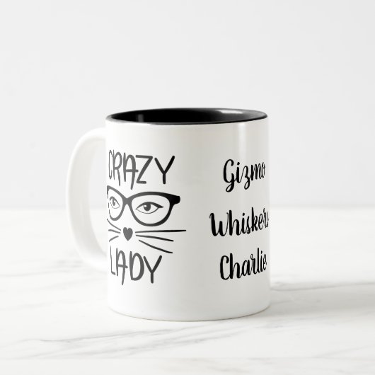 Crazy Cat Lady 3 Cat Names Mit Monogramm Zweifarbige Tasse (Vorderseite Links)