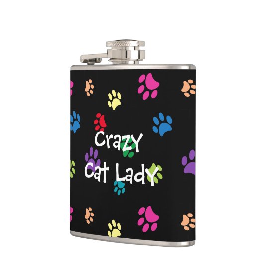 Crazy Cat Lady farbenfrohe Paw Prints Flachmann (Links)