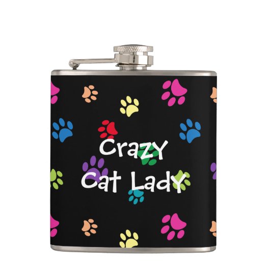 Crazy Cat Lady farbenfrohe Paw Prints Flachmann (Vorderseite)