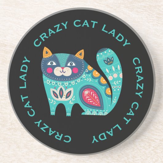 Crazy Cat Lady, Fun Stylisierte Katze auf schwarz Getränkeuntersetzer (Vorne)