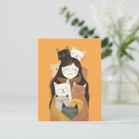 Crazy Cat Lady Illustration Niedlich & Quirky Postkarte (Stehend Vorderseite)