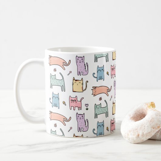 Crazy Cat Lady Pastel Multicolor Cartoon Cat Tasse (Mit Donut)
