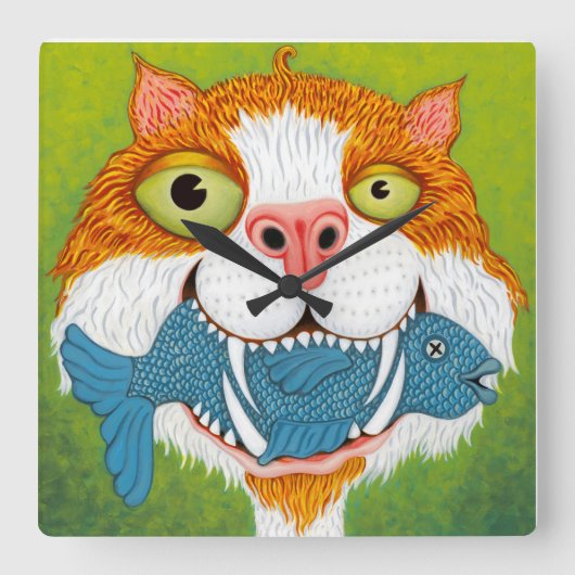 Crazy Cat mit Fischuhr Quadratische Wanduhr (Vorderseite)