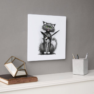 Crazy Cat On White Quadratische Wanduhr