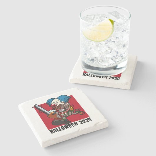 Crazy Chainsaw Clown Halloween Editable Text Year Steinuntersetzer (Seitenansicht)