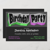 Crazy Cool Green Lila Birthday Party Einladungen (Vorne/Hinten)