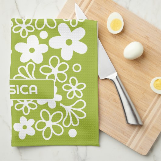 Crazy Daisy Muster in Spring Green mit Name Geschirrtuch (Viertel Falte)