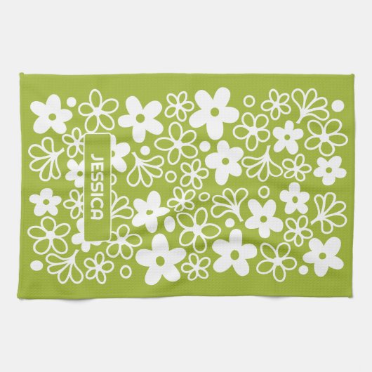 Crazy Daisy Muster in Spring Green mit Name Geschirrtuch (Horizontal)
