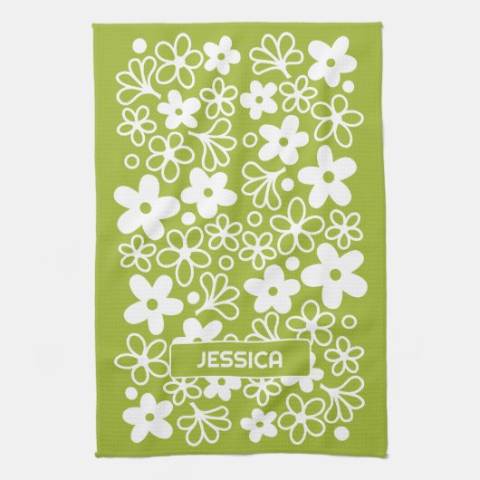 Crazy Daisy Muster in Spring Green mit Name Geschirrtuch (Vertikal)