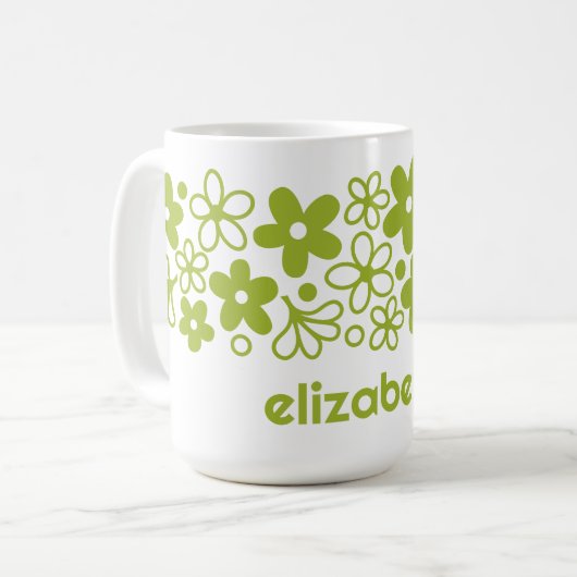 Crazy Daisy Muster in Spring Green mit Name Kaffeetasse (Vorderseite Links)