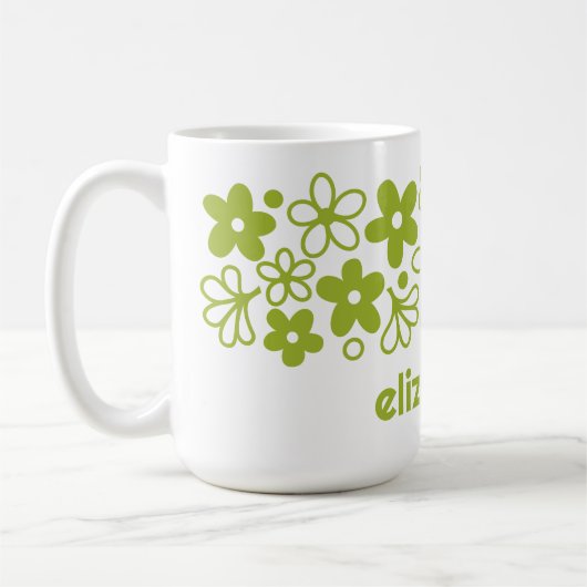 Crazy Daisy Muster in Spring Green mit Name Kaffeetasse (Links)