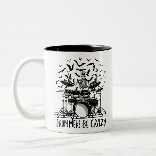 Crazy Drummer Skelettdesign Zweifarbige Tasse (Links)