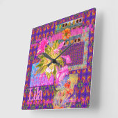 Crazy Floral Patchwork Farbenfroh Lila Rosa Orange Quadratische Wanduhr (Winkel)