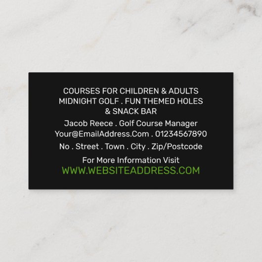 Crazy Golfer, Mini Golfplatz Werbung Visitenkarte (Rückseite)