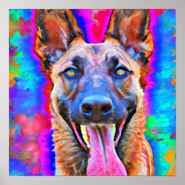 Crazy Happy Belgium Malinois Dog Art Portrait Poster