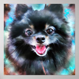 Crazy Happy Black Spitz Dog Portrait Art Poster