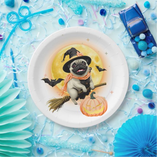 Crazy Happy Halloween Mops Reiten eines fliegenden Pappteller (Party)