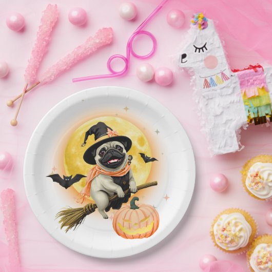 Crazy Happy Halloween Mops Reiten eines fliegenden Pappteller (Party)