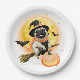 Crazy Happy Halloween Mops Reiten eines fliegenden Pappteller
