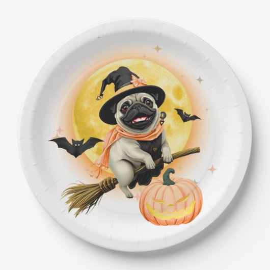 Crazy Happy Halloween Mops Reiten eines fliegenden Pappteller (Vorderseite)