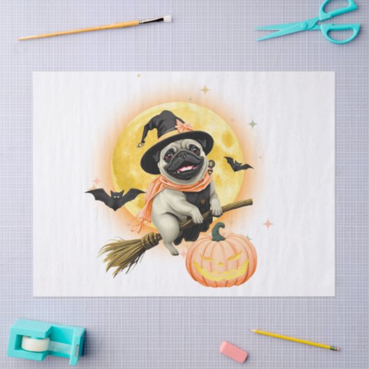 Crazy Happy Halloween Mops Reiten eines fliegenden Seidenpapier (Basteln)