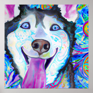 Crazy Happy Siberian Husky Dog Portrait Art Poster
