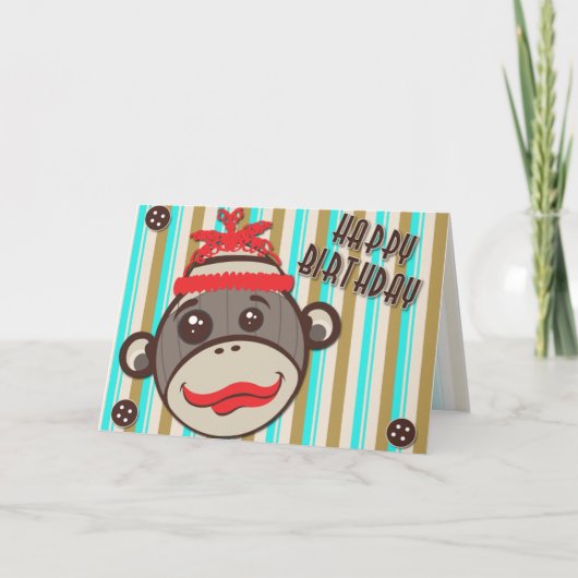Crazy Hat Happy Birthday Sock Monkey Card Karte (Vorderseite)