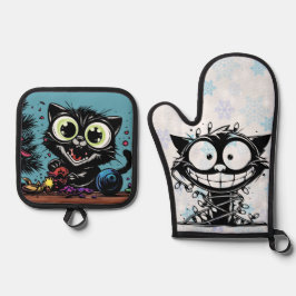 Crazy Kitty Christmas Ofenhandschuh & Topflappen-Set