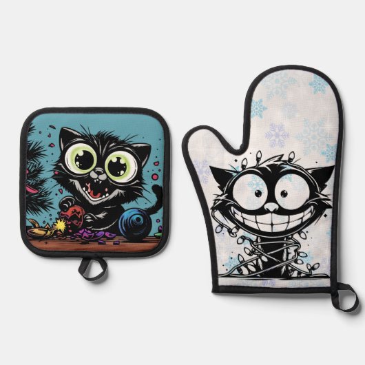 Crazy Kitty Christmas Ofenhandschuh & Topflappen-Set (Vorderseite)