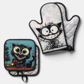 Crazy Kitty Christmas Ofenhandschuh & Topflappen-Set (Vorderseite/Rückseite)