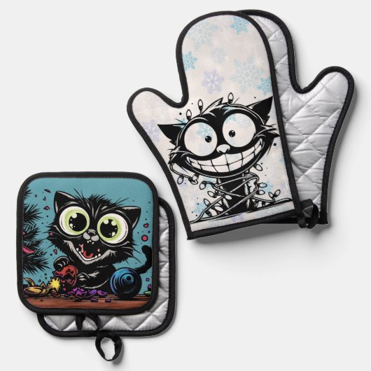 Crazy Kitty Christmas Ofenhandschuh & Topflappen-Set (Vorderseite/Rückseite)
