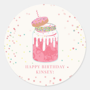 Crazy Milkshake Confetti Donut Pink Geburtstagspar Runder Aufkleber