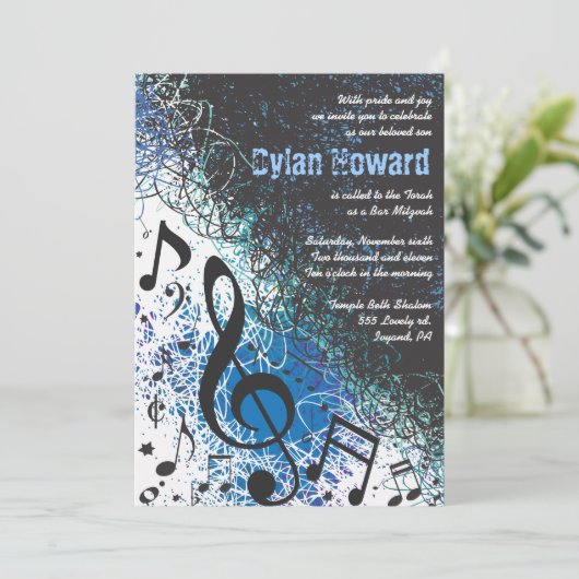 CRAZY MUSICAL NOTES Bar Mitzvah Einladung (Stehend Vorderseite)