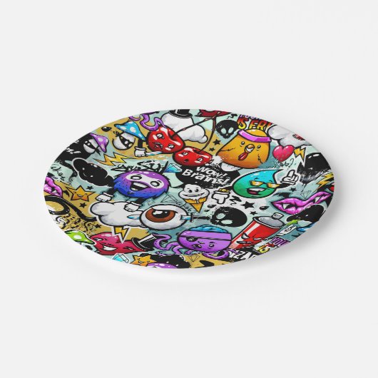 Crazy Obstbäume und Gemüse Graffiti Art Pappteller (Schrägansicht)