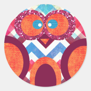 Crazy Owl Zickzack Lila Orange Pink Blue Runder Aufkleber