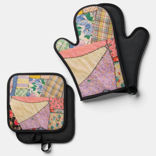 Crazy Patchwork Quilt mit Zigzag Stitching Ofenhandschuh & Topflappen-Set (Vorderseite/Rückseite)