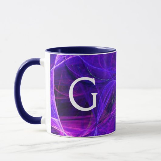 CRAZY PHOTON Abstraktes Lila blaues Fraktal Monogr Tasse (Links)