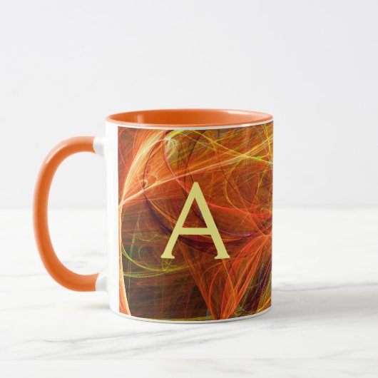 CRAZY PHOTON Orange Yellow Fraktal Wirbel Monogram Tasse (Links)