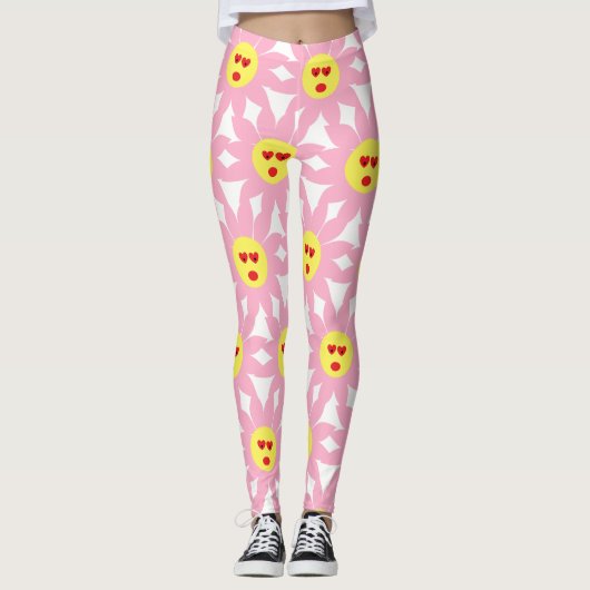 Crazy Pink Blume mit den Augen des roten Herzens Leggings (Vorderseite)